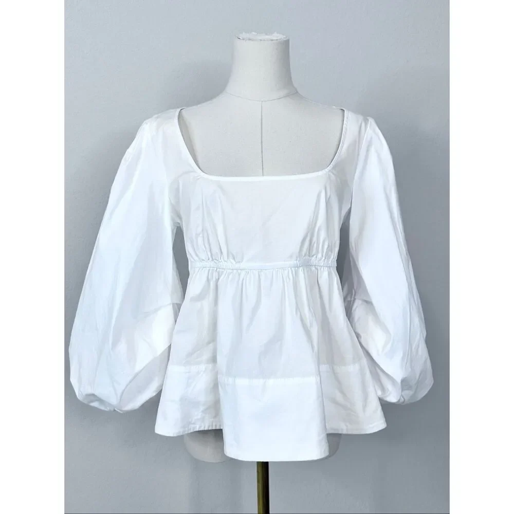 STAUD Sophie Blouse M White Square Neck Babydoll Peplum Puff Sleeve Top